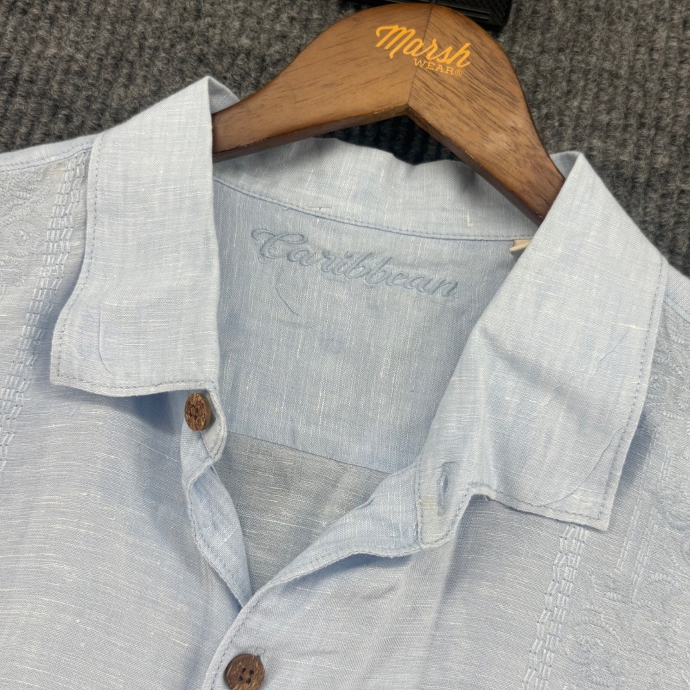 Caribbean Linen Shirt Mens XL Blue Excellent Short Sleeve Embroidered Guayabera